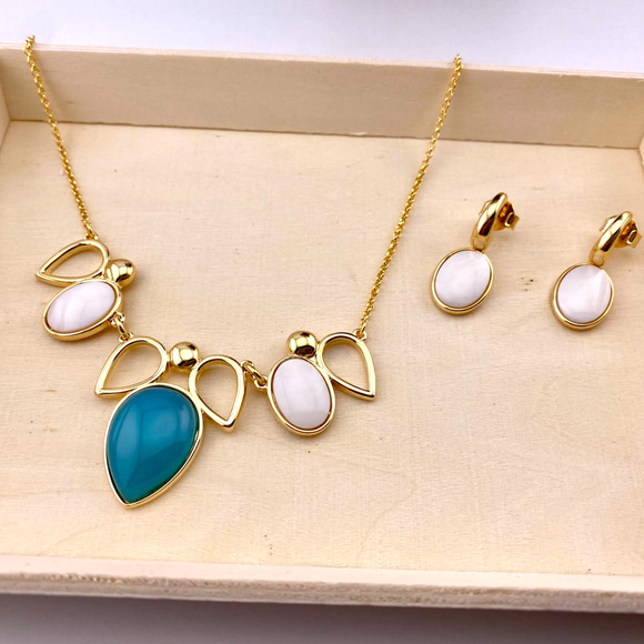 Jewelry - Natural Mother of Pearl & Blue Agate Earring & Necklace Set